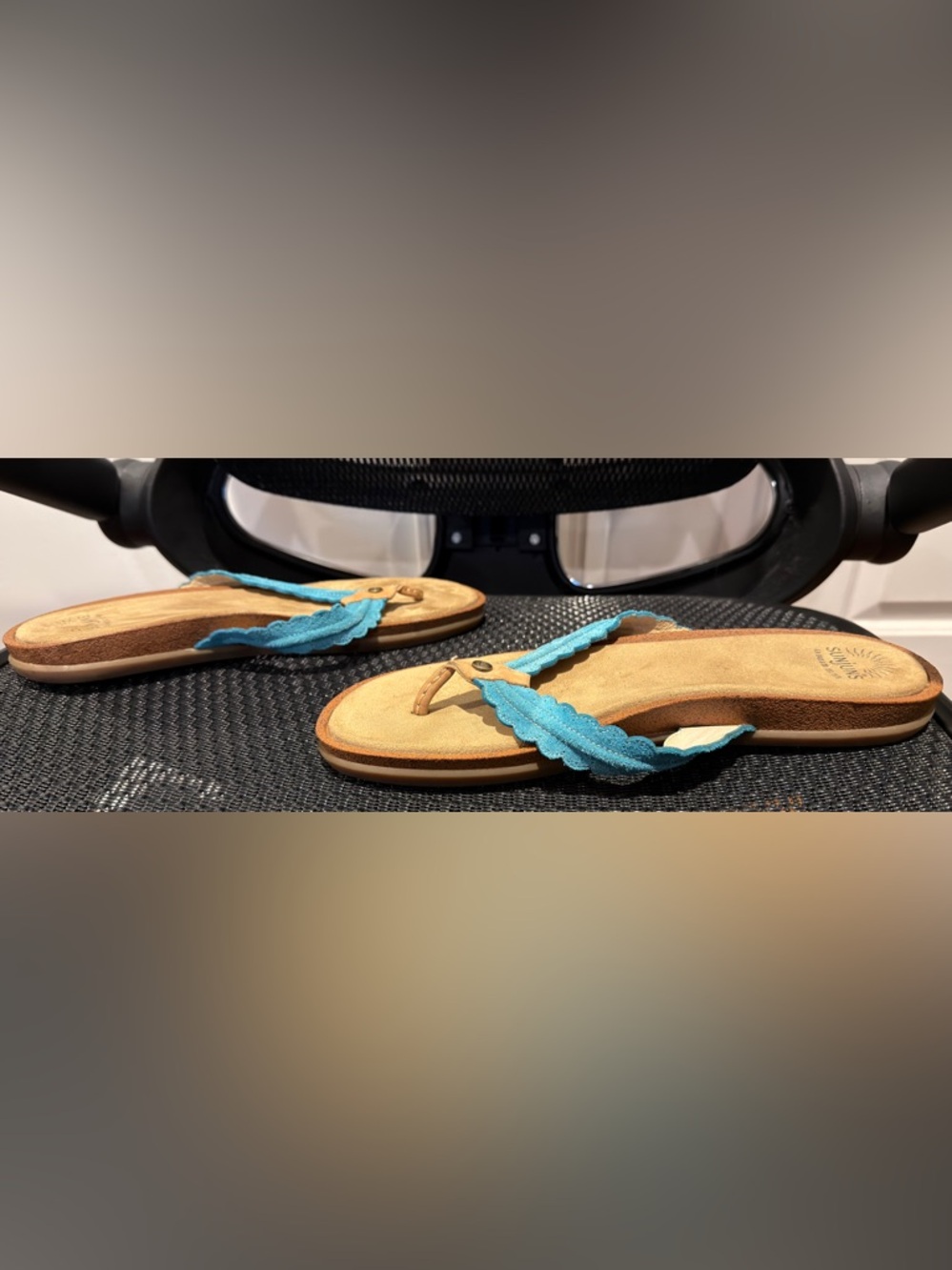 Bass Sunjuns Flip Flops Suede Brown Turquoise Size 11 - Picture 4 of 6